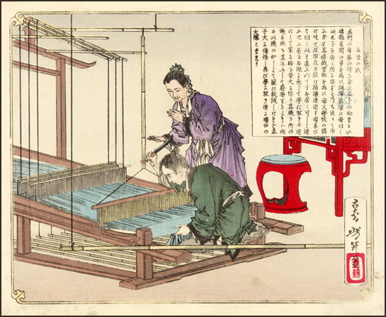Chinese philosopher Moushi’s mother breaking here weaver to show her disappointment to his withdrawal from school