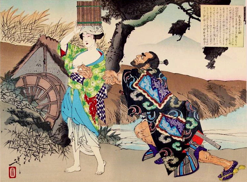 Takashima Oiko leads Saeki Urinaga home to strengthen him for a wrestling match.
