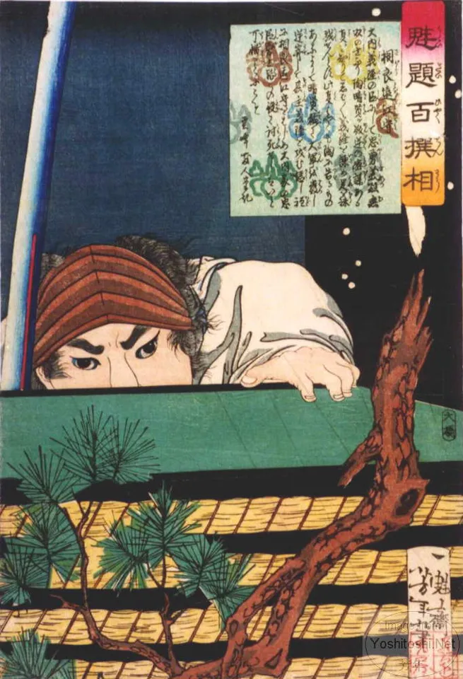 Sagara Tōtomi no Kami peering over pile of mats.