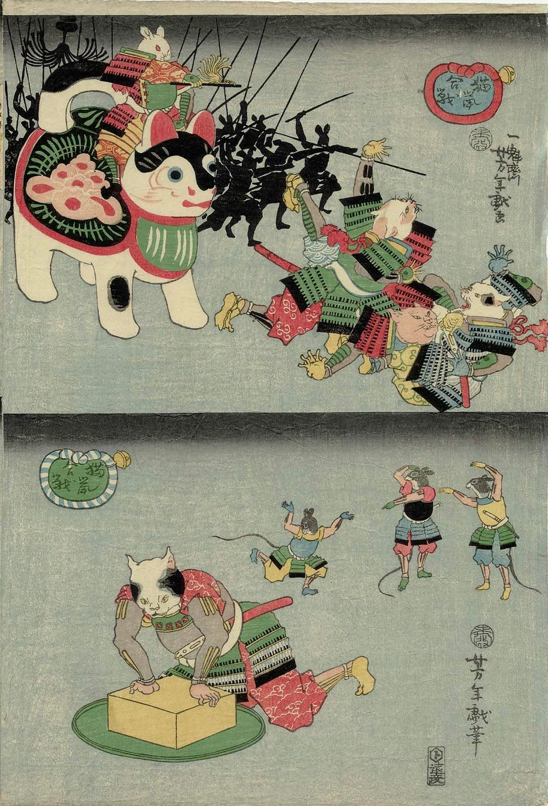 Mouse army advances, general on a dog/ Cat kneels
