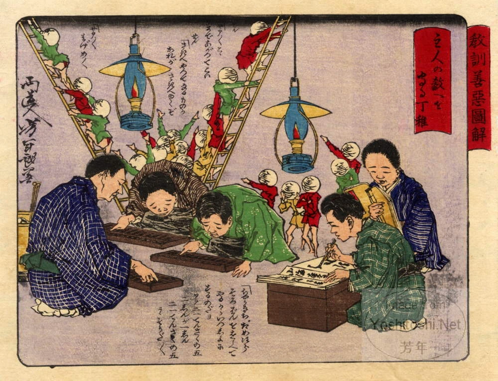 Apprentices who follow their master's advice working by lamplight.