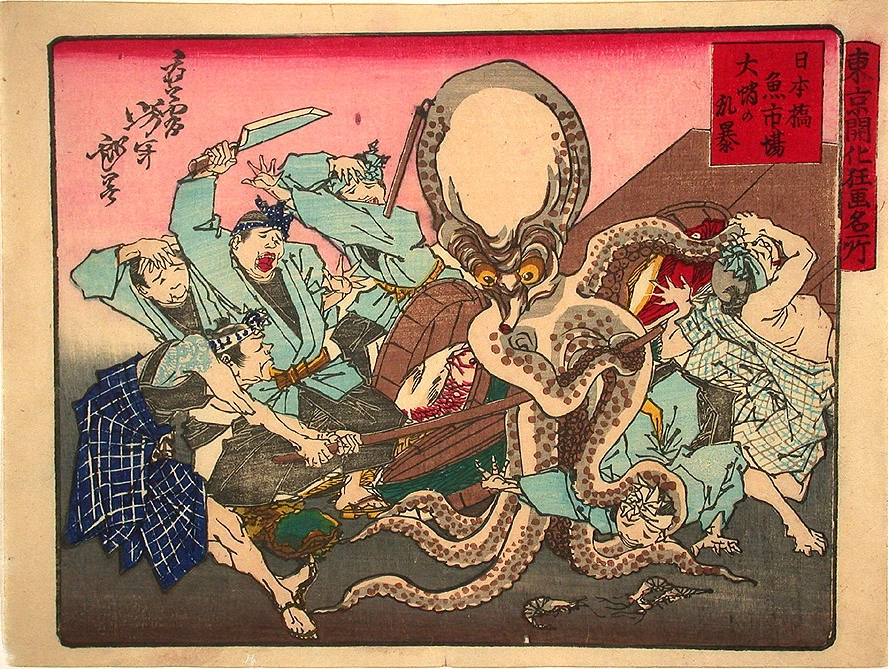 A giant octopus takes on all comers at the fish market at Nihombashi.