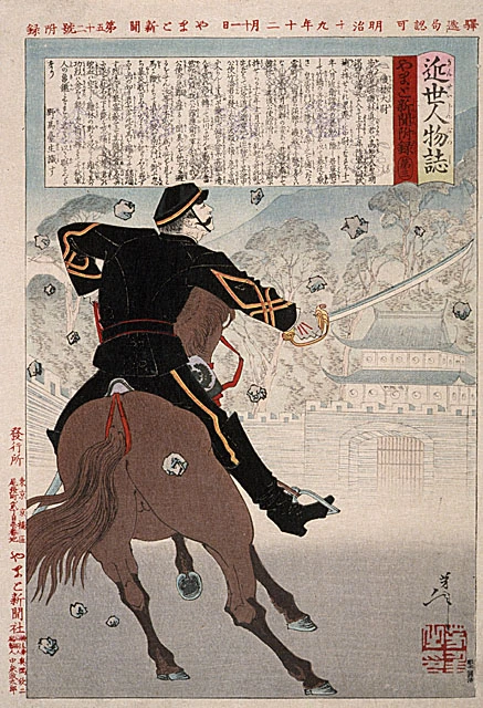 No. 52, Isobayashi Taii on horseback by castle gate with falling stones.