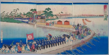 The boat bridge at Rokugō in Musashi Province