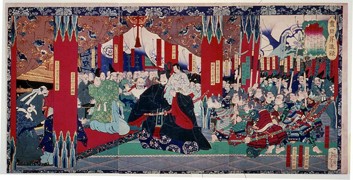 Hideyoshi advances Prince Sambōshi during a ceremony at Daitoku-ji